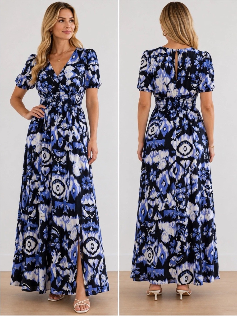 MELLODAY Maxi Dress Small Blue Black Abstract Floral Smocked Waist Puff Sleeve
